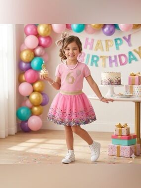 Sweet Wink Hot Pink Cotton Lined Tulle Skirt with Gold Waistband Girls 6-8Y